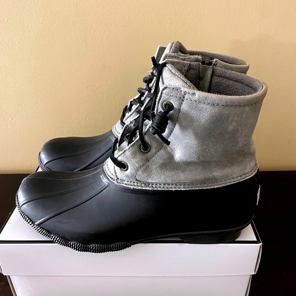 Sperry Saltwater Grey Black Suede Leather Duck Boots STS81732 Womens 8.5M